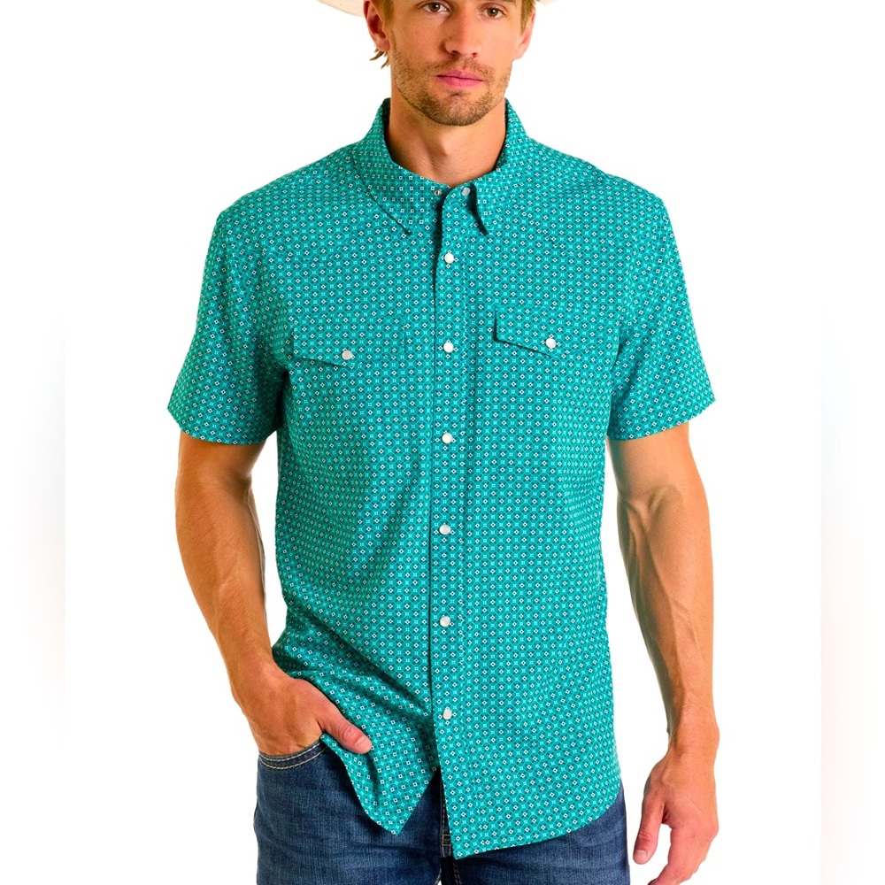 Panhandle Slim Western Shirt XXL Turquoise Geometric Button Up Short Sleeve